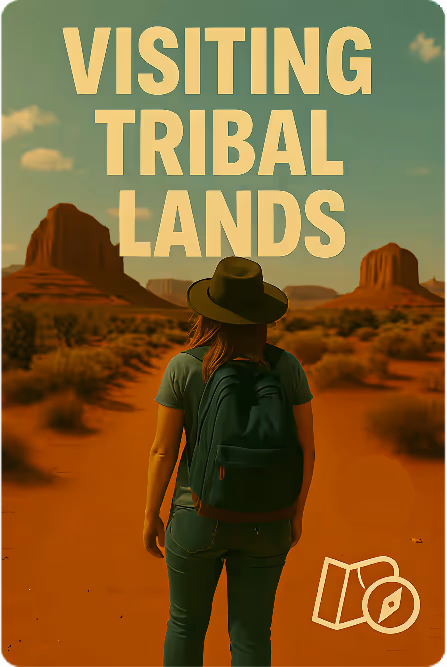 Person with backpack and hat standing in desert landscape looking at large red rock formations under a blue sky with text 'Visiting Tribal Lands'.